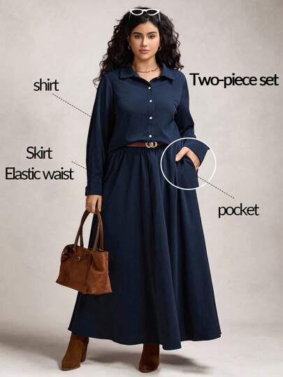 Zelara 2pcs Plus Size Textured Casual Matching Set - Blouse Top And Pleated Skirt Navy Blue Maxi Dress Women Long Casual Dress Modest Casual Long Sleeve Business Casual Basic Tops Teacher Outfits For Back To School Women's Fall Clothe Fall Women Clothes Back To School School Clothes Going Out Outfits Business Casual Outfits Women Basic Old Money Outfits Women Button Up Business Casual Woman Fall Clothes For Winter Clothes Office Outfits For Polo Shir Winter Business Winter Party Fall Halloween Christmas