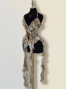 SHEIN ICON Fitted Tiger Stripe Mesh Sheer Long Tie Design Asymmetrical Hem Women Tank Top Ruffle Dress - Brown - View 3