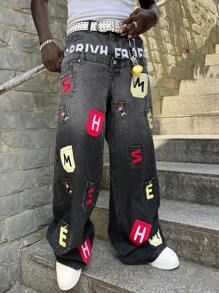 ROMWE MEN Street Life Men's Double-Layer Waistband Multi-Pocket Embroidered Pattern Loose Fit Jeans - Black - View 1