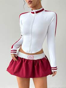 Dewbera 女式休闲运动撞色条纹拉链夹克 - 白色 - 查看 4