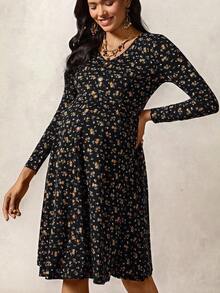 Boho Mama Pregnant Women's Ditsy Floral V-Neck Long Sleeve Casual Dress Cottagecore Dress Long Sleeve Mini Dress Smocked Mini Dress Cottagecore Mini Dress West Western Wear Women Boho Women Clothing Boho Chic - Black - View 5