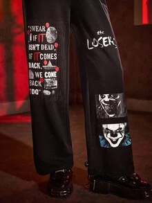 IT x SHEIN Quần cạp chun màu đen họa tiết chữ và kinh dị dành cho nữ - màu đen - Xem 5