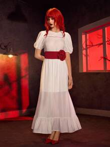 ANNABELLE x SHEIN 圆领 3D 花卉装饰短袖连衣裙，适合角色扮演 - 白色 - 查看 4