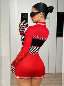 SHEIN ICON Y2k 外出运动风格摩托车印花长袖连体裤 - 紅色 - 查看 2