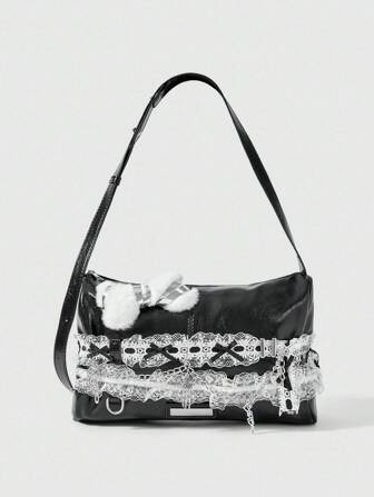 Goth حقيبة كتف وحقيبة عبر الجسم ذات لونين متباينين وتصميم دانتيل أنيق وعصري