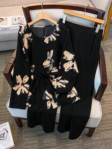 Linhara Damen Große Größen 2 Stücke Set mit Blume Muster, Schleife, Crop Top und weite Schlupfhose, koreanischer Lässig Pendler vielseitiger Urlaubs-Elegant Outfit - Schwarz - Übersicht 1
