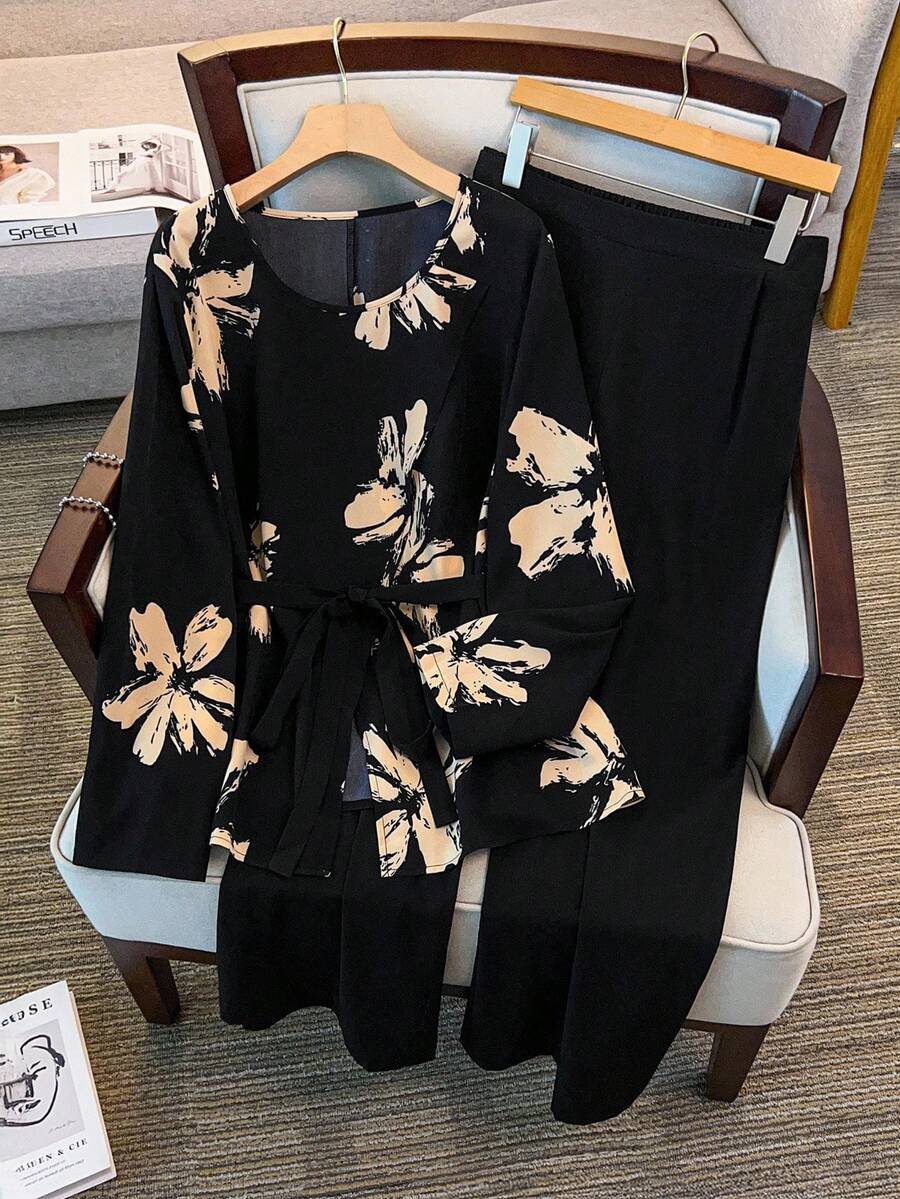 Linhara Damen Große Größen 2 Stücke Set mit Blume Muster, Schleife, Crop Top und weite Schlupfhose, koreanischer Lässig Pendler vielseitiger Urlaubs-Elegant Outfit - Schwarz - Übersicht 1