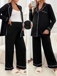 SHEIN 2件孕妇撞色长袖上衣和裤子套装 - 黑色 - 查看 3