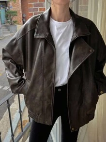 DAZY 女士复古 PU 皮夹克，街头休闲飞行员夹克 - 棕色 - 查看 3