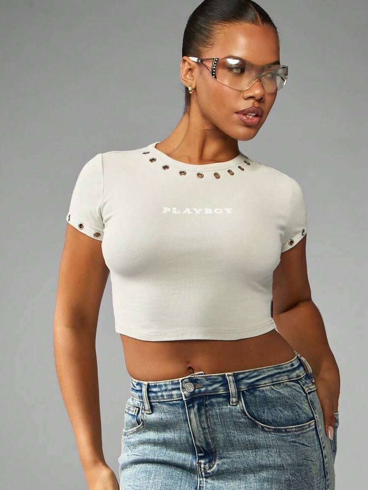 Missguided x Playboy Cotton Eyelet Detail Crop Baby Tee Short Sleeve Crew Neck T-Shirt Festival Summer Cropped Top