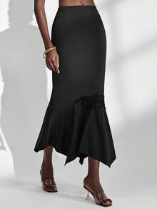 Almamuse Schwarzer gestrickter Bodycon-Rock, eleganter asymmetrischer Saum, Applikation, vielseitiger modischer Damenrock, Frühling/Herbst