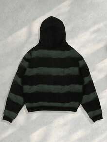 ROMWE MEN Street Life Striped Zip-Up Hoodie Sweatshirt For Men - Black - View 2