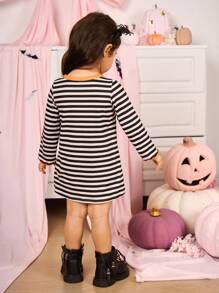 SHEIN Sukienka w paski z długim rękawem dla dziewczynki na Halloween z kreskówkową grafiką - Wielokolorowe - Zobacz 10