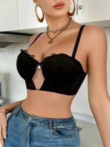 SHEIN 1pc Women's Soft & Comfortable Romantic Lace & Mesh Patchwork Underwire Padded Bra Lace Bralette Bralette Top Cute Bra - Black - View 1