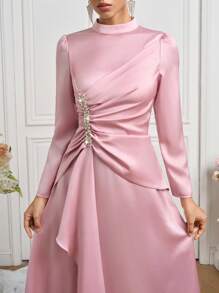 Coutiva New Stylish Stand Collar Long Sleeve Fitted Formal Dress - Baby Pink - View 6