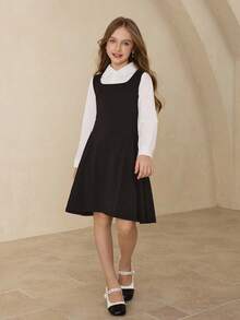 Girls' Casual Stylish Elegant Lapel Raglan Sleeve White Shirt&High Waist Vest Dress Set,Black And White,Autumn,School,Back-To-School All Season Outfit - Black - View 5