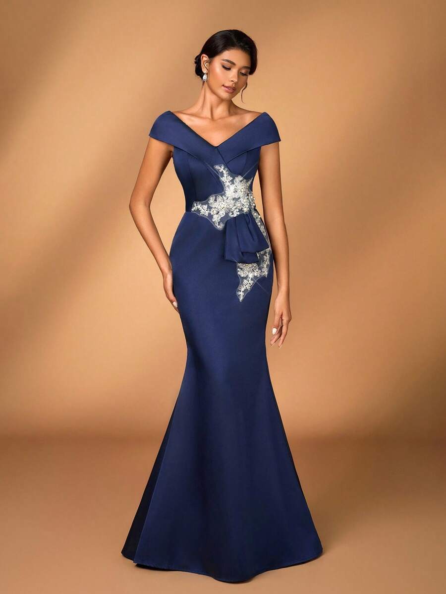 Serin 优雅奢华珍珠和钻石刺绣蕾丝贴花缎面露肩美人鱼连衣裙，适合婚礼、活动、派对、度假、舞会、新娘和新娘母亲 - 藏蓝色 - 查看 1