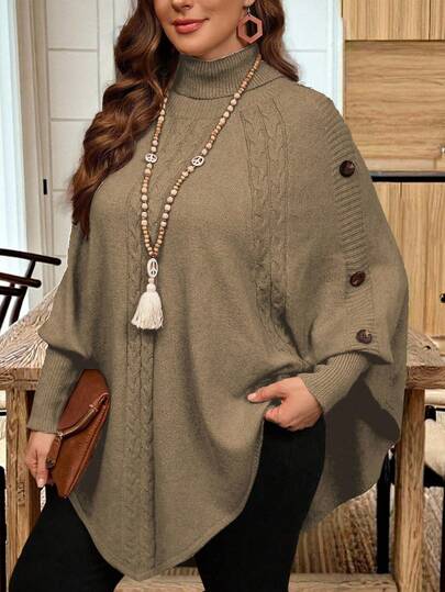 Linhara Poncho de suéter de punto de cable con botón y cuello alto talla grande