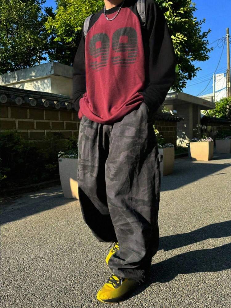 Men's Black & Red Patchwork Numeric Street Style Graphic T-Shirt, Autumn, For Fall