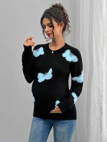 SHEIN 孕妇休闲蝴蝶图案圆领落肩毛衣，秋冬 - 黑色 - 查看 4