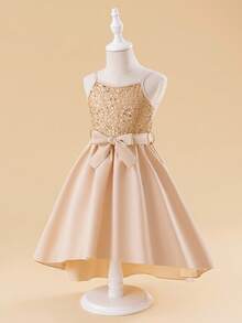 Glamorique Kids 年轻女孩'可爱，优雅，奢华香槟色亮片吊带连衣裙，派对连衣裙 - 杏色 - 查看 4