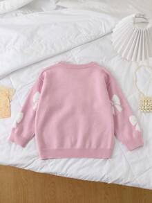 SHEIN Vintaside Kids Young Girls' Thick Pink Sweater With White Bow Crew Neck Pullover, Casual & Cute For Layering, Or Party Wear In Autumn/Winter Fall - Pink - View 2
