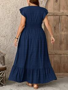 SHEIN LUNE 加大码女式纹理面料飘逸下摆长裙，夏季连衣裙毕业装 7 月 4 日白色毕业蓝色长裙休闲长裙女式夏季连衣裙分层长裙度假连衣裙 - 藏蓝色 - 查看 2