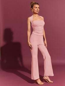 L'Amorae Women Elegant Solid Sleeveless Ruched Fitted Top - Pink - View 4