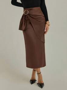 Modelyn Women's Fashionable & Versatile Elegant Metal Buckle Midi Skirt Fall Cloth For Women