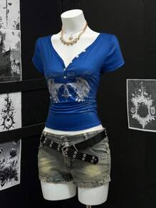 SHEIN Unity Women's Sheer Printed V-Neck Partial Button Front Short Sleeve T-Shirt - Multicolor - View 4
