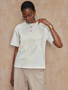 Firerie VITNOS New Fall/Winter High-End Women's Casual Everyday Commuter Elegan Women's Elegant Embroidered Solid Color Loose Cotton T-Shirt, Spring/Summer Autumn, Night Out, Parties, Date Night, Country, Homecoming, Casual, Holiday Vacation - Beige - View 7