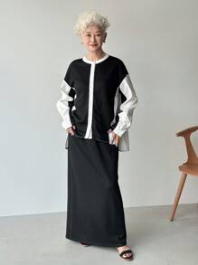 FRIFUL Conjunto de 2 piezas de mujer con decoración de patchwork, manga larga, informal y holgado, adecuado para negocios y atuendos de aeropuerto - Negro - Ver 1