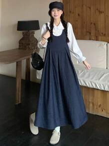DAZY Women's Round Neck Pleated Korean Style Mid-Length Denim Dress - Blue - View 3