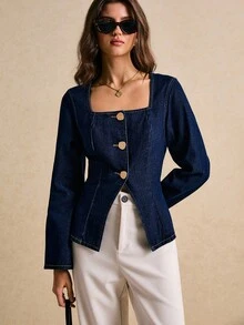 Poéselle Women's Square Neck Long Sleeve Single-Breasted Casual Denim Coat Navy Blue Denim Coat Denim Top Women - Dark Wash - View 7