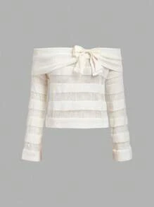 Skyraze Women's French Style Off Shoulder Slim Fit Hollow Out Pullover Sweater In Fall/Winter - White - View 1