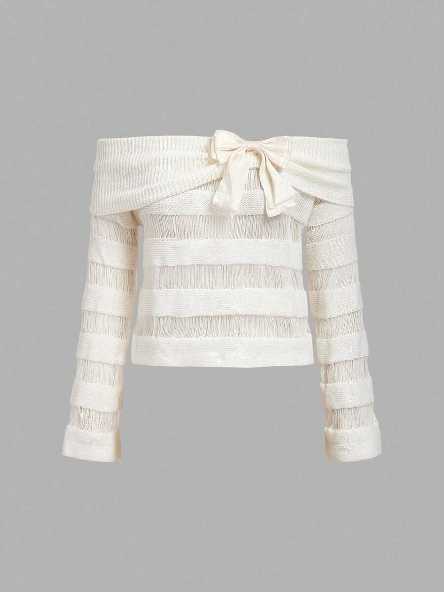 Skyraze Women's French Style Off Shoulder Slim Fit Hollow Out Pullover Sweater In Fall/Winter - White - View 1