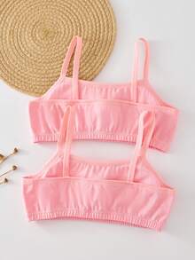 2pcs/Set Girls Cute Sweet Style Light Pink Crescent Lace Trim Bow Decor Padded Camisole Bras For Teen Tween Girl Winter Basics Fall - Multicolor - View 2