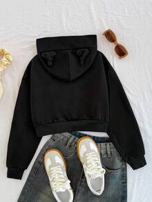 SHEIN Tween Girl Halloween Cartoon Pattern Hooded Crop Top Sweatshirt With 3D Ears,In Fall/Winter - Black - View 4
