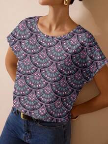 Shutterstock Glamance Women's Casual Simple Round Neck Blouse, Suitable For Summer - Blue - View 3