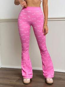 Sovereign Charm Women's High Waist Bow Polka Dot Print Flare Leg Sports Pants - Pink - View 4