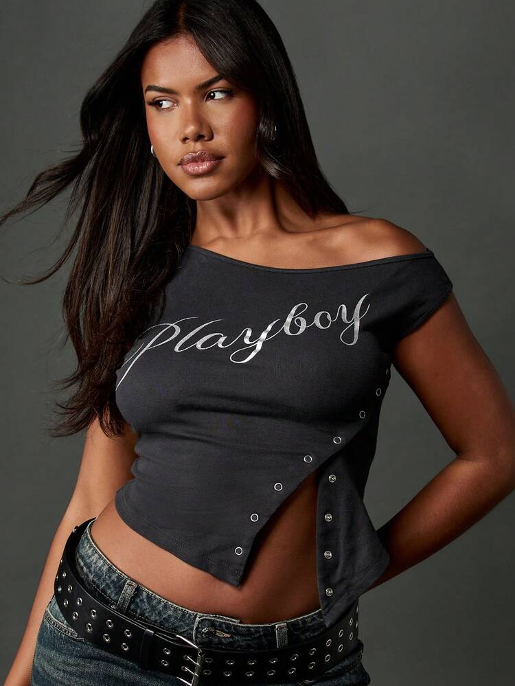 Missguided x Playboy Fashion Forward Off Shoulder Crop Top With Side Eyelet Detail Urban Style Festival Club Party Casual Wear Statement Top