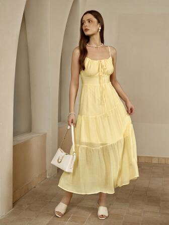 Cévolie Women Summer Solid Color Pleated Front Tie Ruffle Hem Dress'