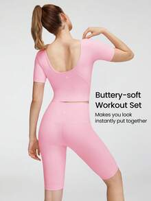 GLOWMODE FeatherFit™ Cropped T-Strap Tank & High-Rise Biker Shorts Set - Pink - View 2