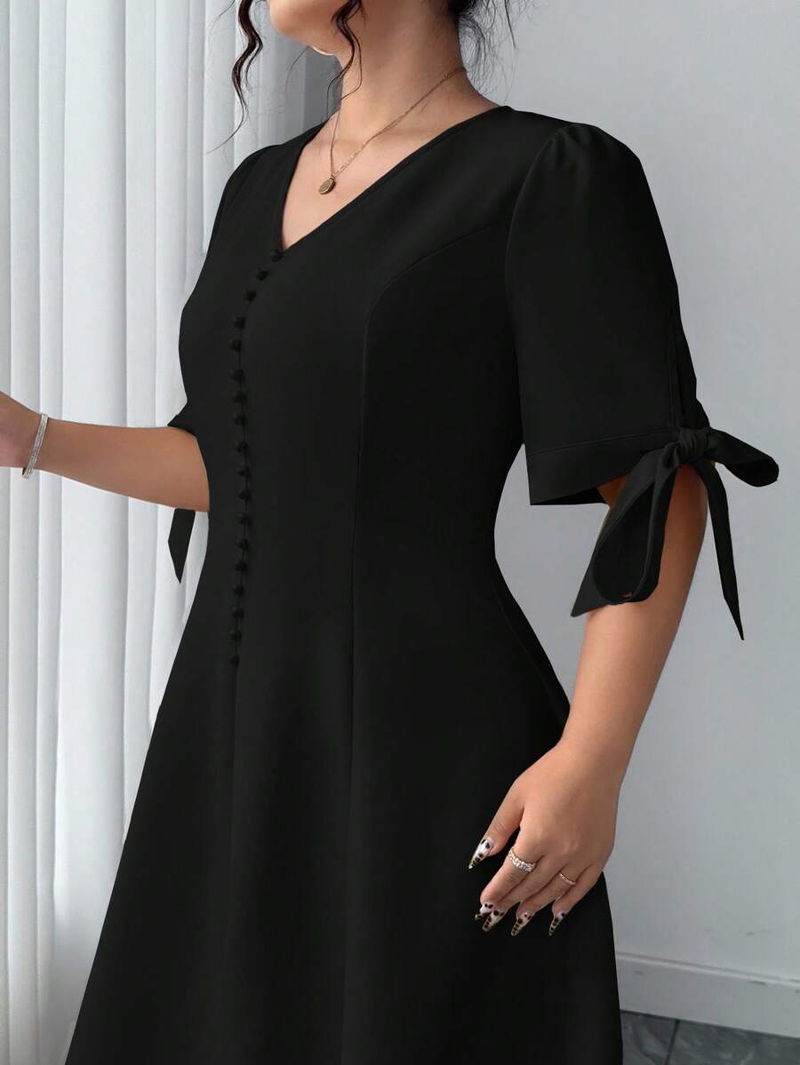 Elenzga Plus Size Women's Elegant Commuter Casual V-Neck Bowknot Puff Sleeve Waist Tie Dress, Summer - Black - View 1