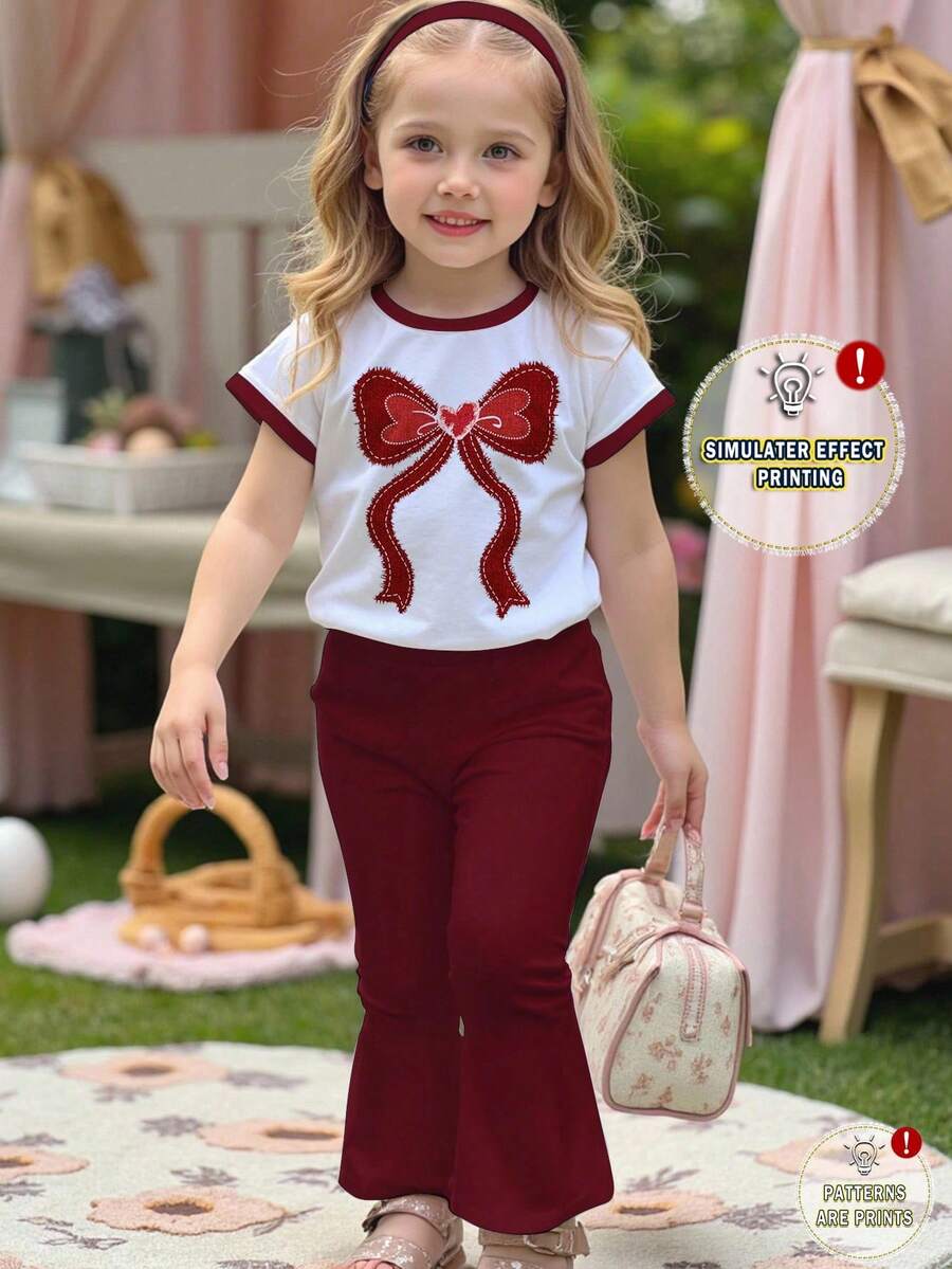 SHEIN 2pcs/Set Girls'' Casual Cartoon Print Round Neck Short Sleeve Top & Flare Pants Set, Suitable For Summer - Multicolor - View 1
