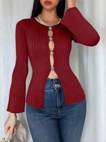 Rafferiza Asymmetrical Metal Decor Fitted Sweater Hollow Out Sexy Elegant Work Cardigan Fall Winter Cloth For Women - Burgundy - View 7