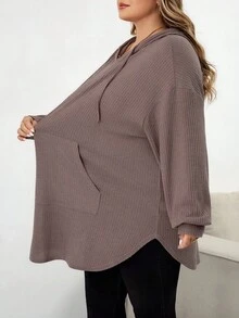 SHEIN CURVE+ Plus Size Solid Color Hooded Drawstring Asymmetrical Hem Sweatshirt Winter Fall Autumn/Autumn /Winter - Dusty Pink - View 11
