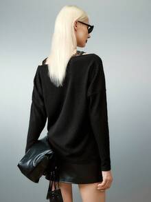 Airlisse Women's V-Neck Lace Patchwork Ribbed Loose Knit T-Shirt, Spring/Autumn - Black - View 7