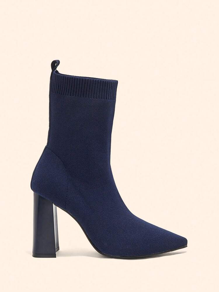 CUCCOO BASICS Women's High Heel Chunky Heel Pointed Toe Elastic Knit Mid-Calf Boots For Christmas Spring Shoes