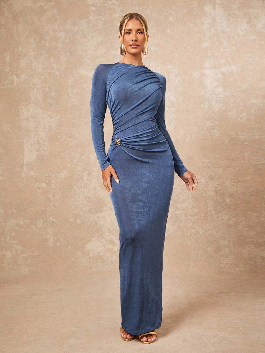 Lumalex Fall New Style WomenGathering Party Glamour Elegant Banquet Modest Old Money Glitter Holiday Party Glamour Elegant Rave Festival Outing Vacation Hot Outdoor Richly Layered Wedding Season Banquet Coming Of Age Ceremony Women's Round Neck Raglan Sleeve Pleated Fitted Elegant Long Dress Blue Elegant Dress Long Sleeve Elegant Dress Blue Formal Gown Blue Evening Gown Dusty Blue Dress,Fall New Style WomenWedding Guest Dress ID Al-Adha Al-Adha Party New Year